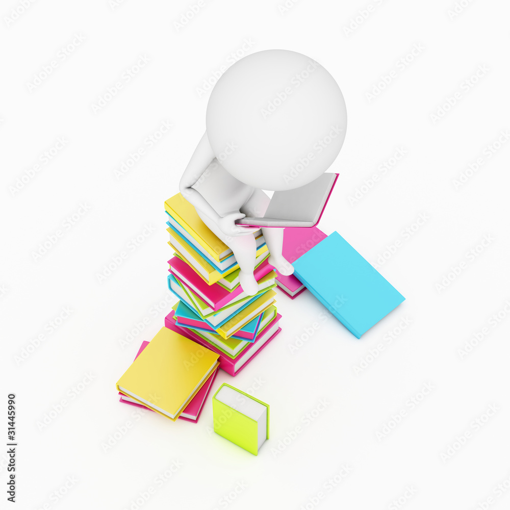 3d rendered little guy sitting on a staple of books 3d rendered little guy sitting on a staple of books