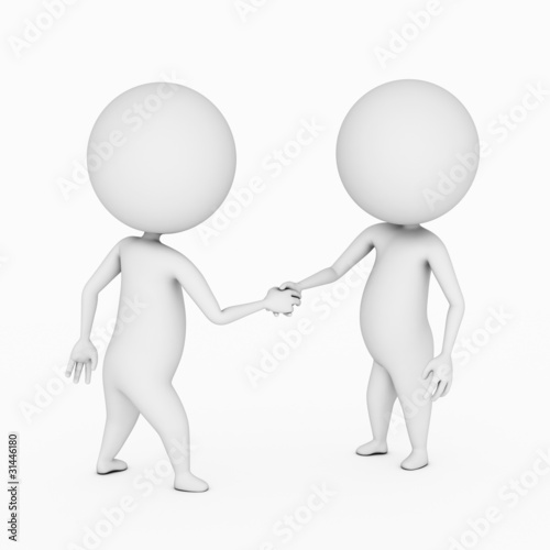 a 3d rendered illustration of two small guys shaking hands