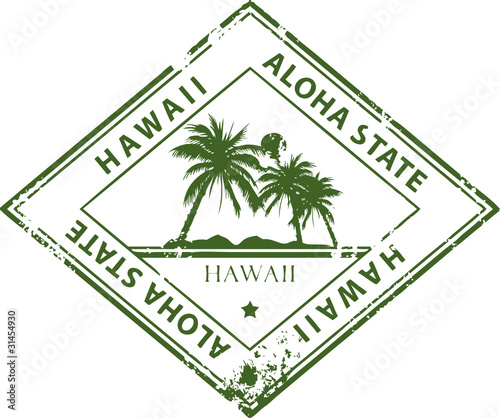 Stamp with palms and the word Hawaii inside, vector illustration