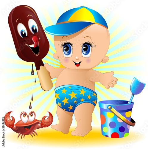 Bambino Neonato al Mare con Gelato-Baby with Ice Cream-2-Vector