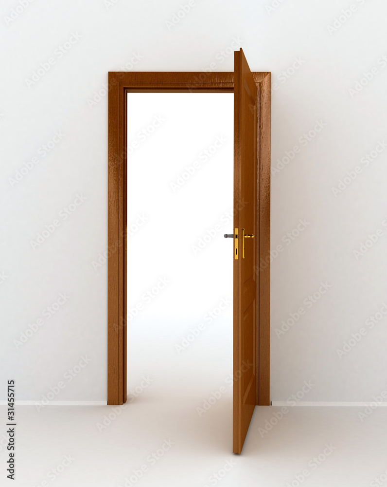 wooden open door over white background