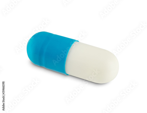 Blue-and-white pill macro with clipping path isolated on white