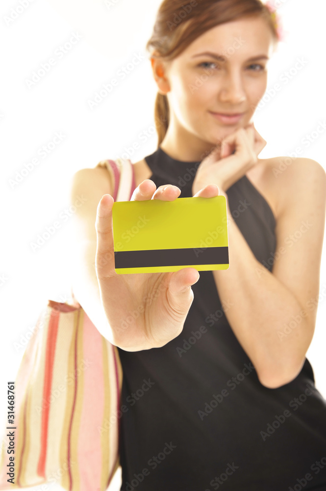 young woman holding plastic card. No cash problems young woman holding plastic card. No cash problems