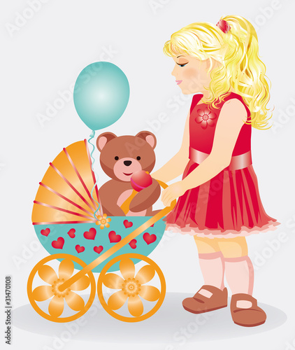 Beautiful little girl with a taddy bear and baby parm, vector