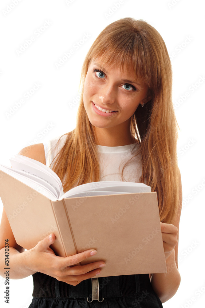 student teen girl cheerful with book isolated on white student teen girl cheerful with book isolated on white