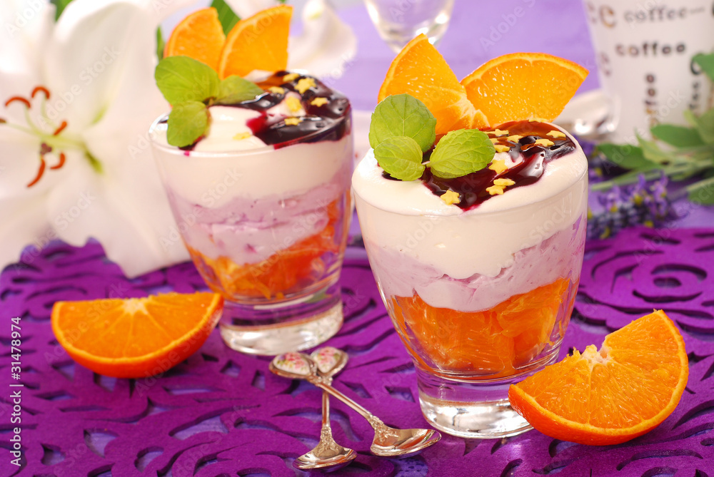 dessert with oranges and blueberries dessert with oranges and blueberries