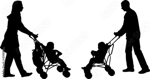 young parents pushing strollers - vector