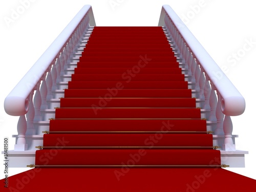 white staircase with red carpet