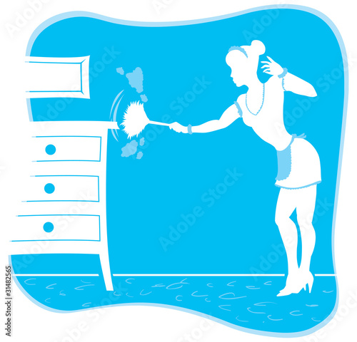 Stylized drawing of a maid dusting