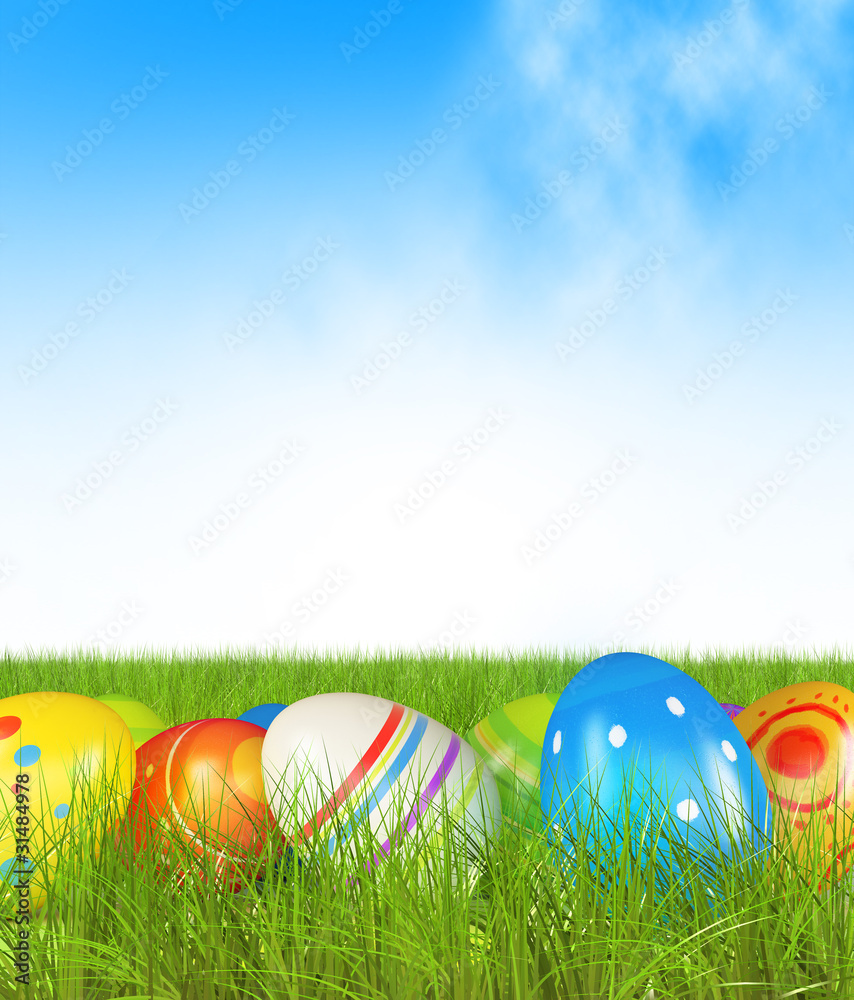 Easter eggs and chickens on color background
