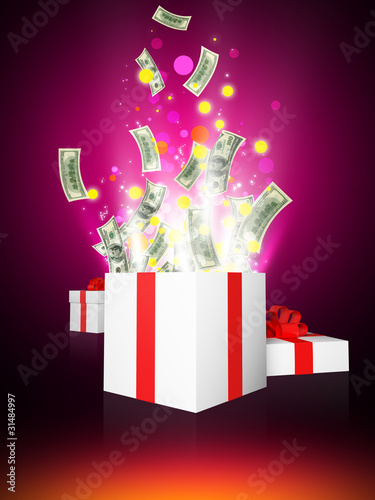 Shining magic gift with dollars