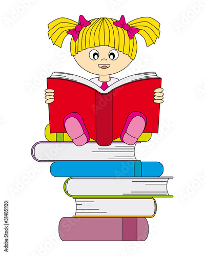 Niña leyendo un libro. Vector editable con fondo blanco