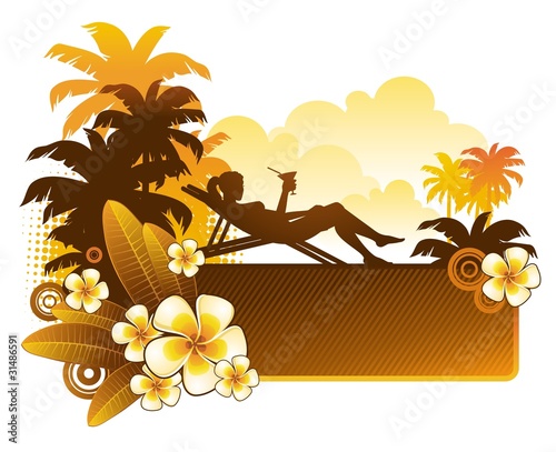 Girl drinking coctail against the backdrop of tropical landscape