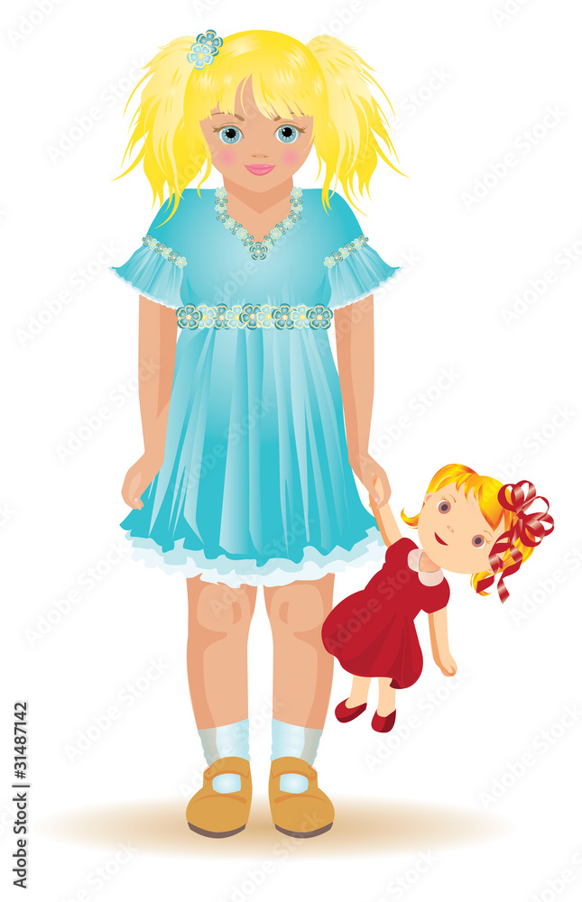 Beautiful blonde girl playing with a dolly, vector Beautiful blonde girl playing with a dolly, vector