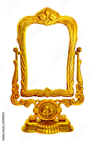 Baroque golden mirror frame on stand isolated