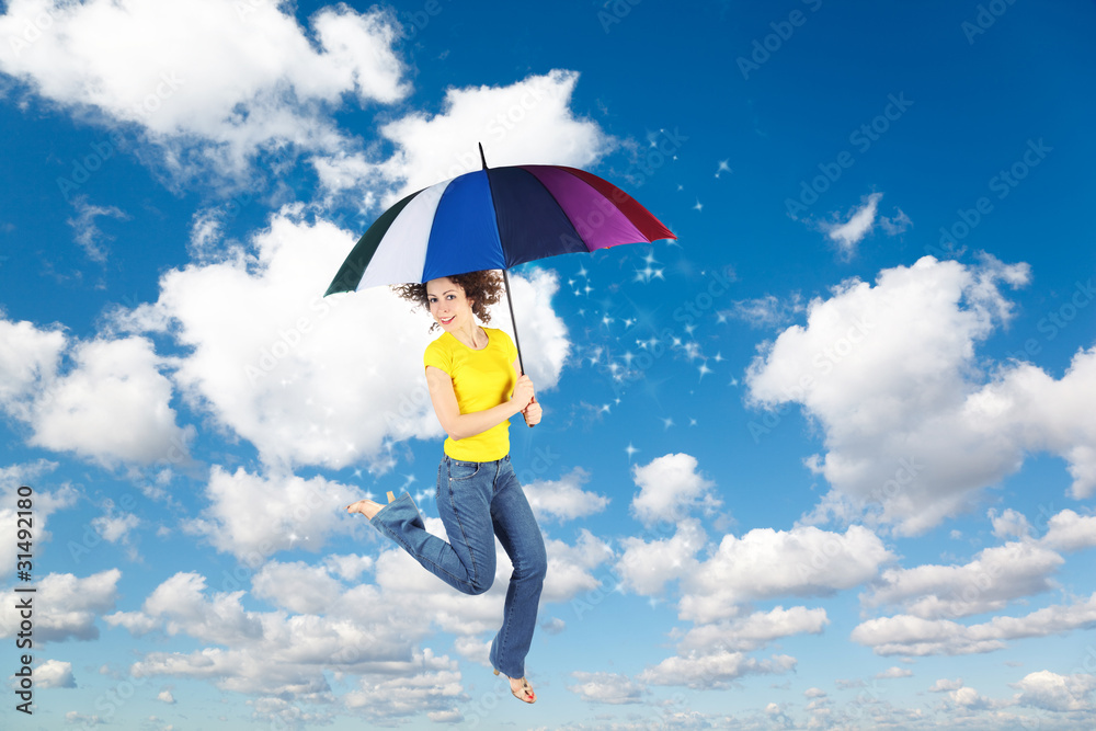flying woman with rainbow umbrella on White clouds, collage flying woman with rainbow umbrella on White clouds, collage