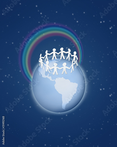 Roughly cut out paper people circle on globe with rainbow on sky