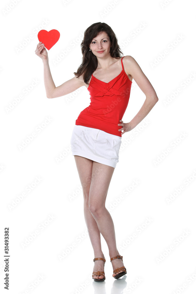 Portrait of young female holding heart shape isolated on white Portrait of young female holding heart shape isolated on white