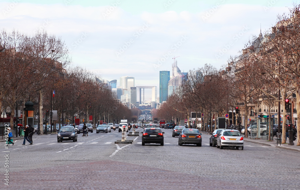view of La Defense business quarter, cars on Grand Armagh avenue