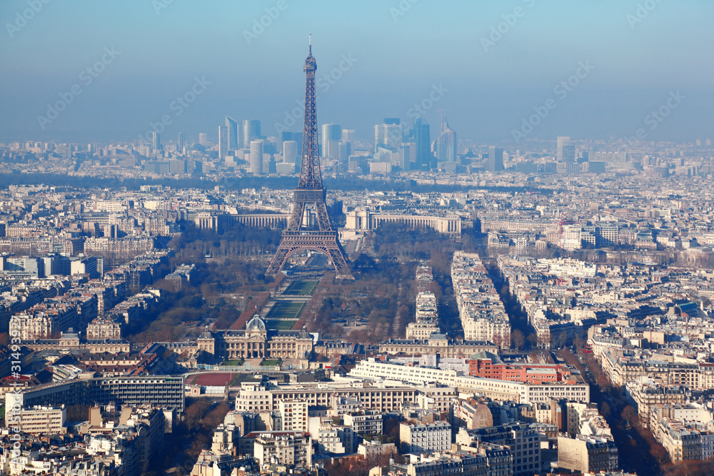 panorama of Paris with eiffel tower, la Defence at winter