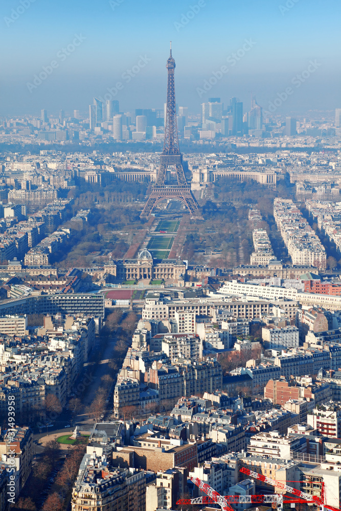 panorama of Paris with eiffel tower, la Defence at winter