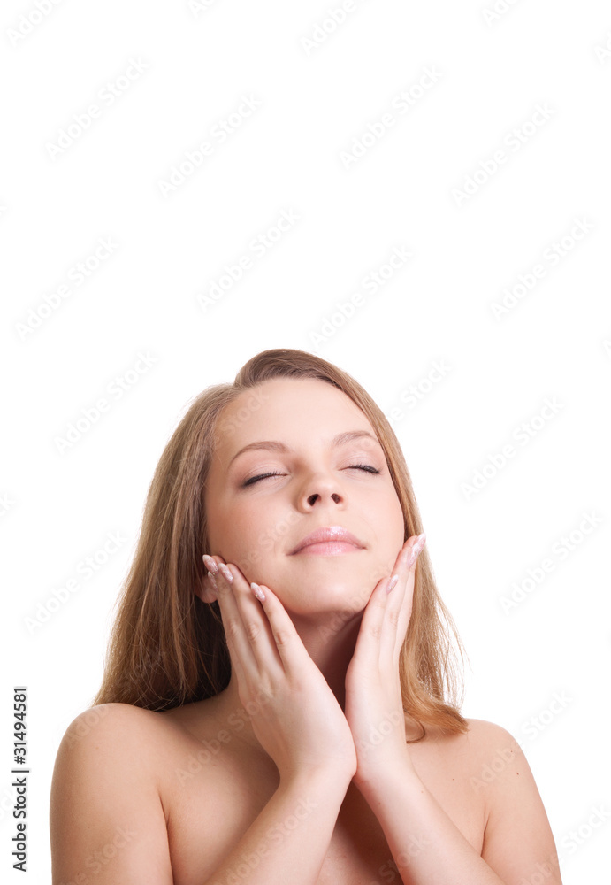 beautiful young woman touching her neck and smiling, a lot of co beautiful young woman touching her neck and smiling, a lot of co