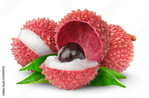Isolated lychees. Fresh cut lychee fruits with big nut isolated on white background