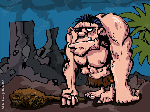 Cavman with big club in prehistoric setting