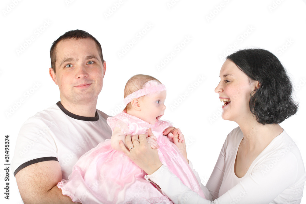 Happy family with the chest baby on hands