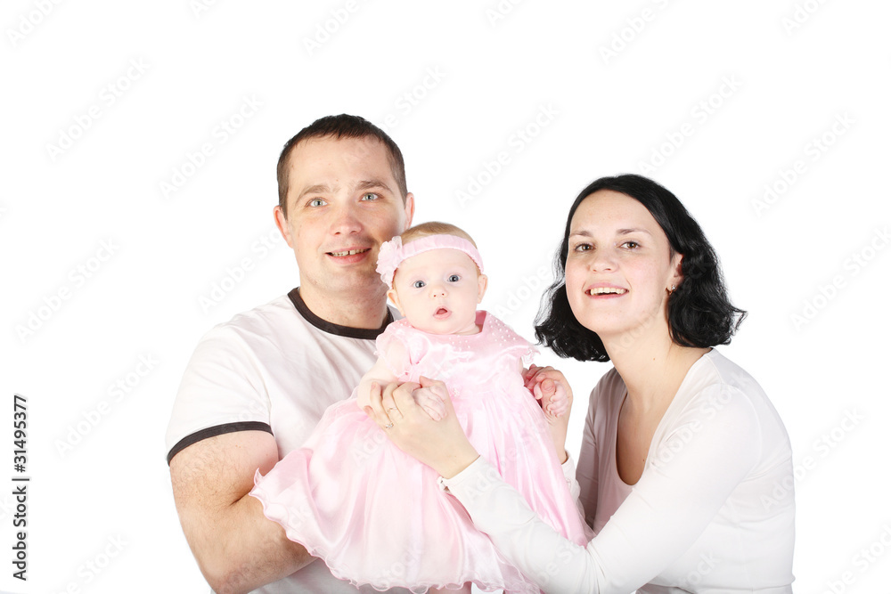 Happy family with the chest baby on hands