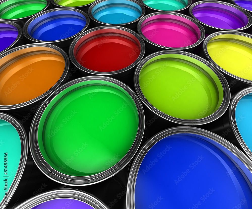 Many paint buckets with different colored paints Many paint buckets with different colored paints