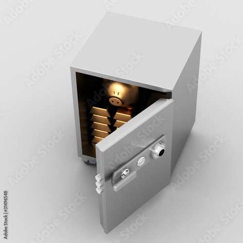bullions and piggy bank in a security safe