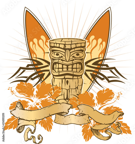 tiki with surfboards and hibiscuses