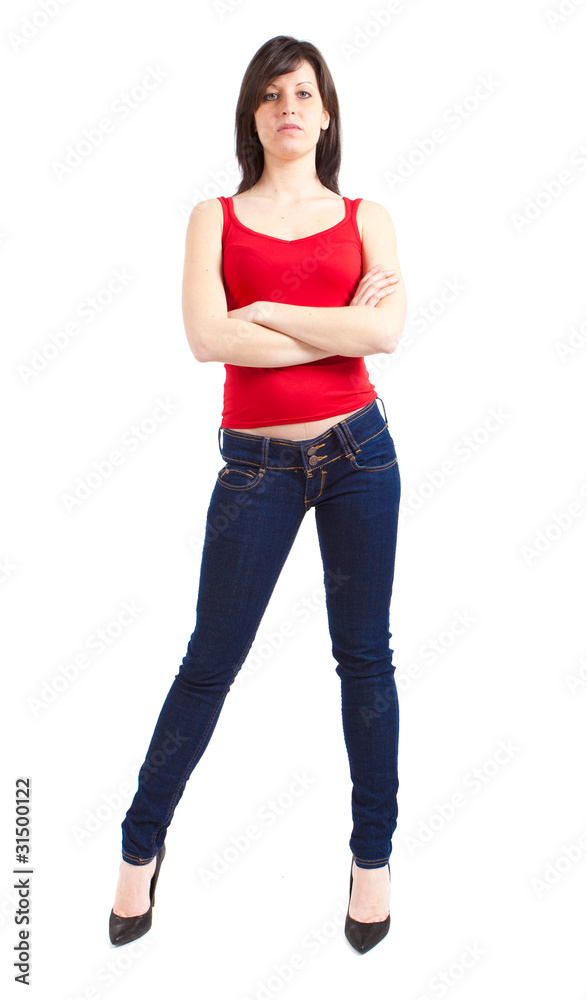 Young slim woman in jeans and red shirt isolated on white Young slim woman in jeans and red shirt isolated on white