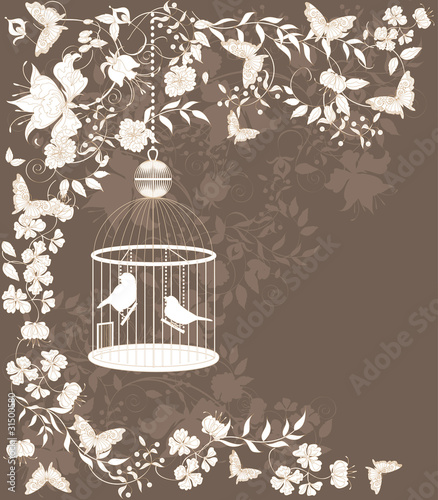 Vintage background with flowers and birds in cage.