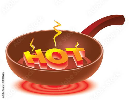 3D inscription HOT on red-hot frying pan