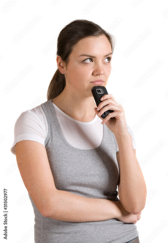 Thinking girl with a mobile phone Thinking girl with a mobile phone
