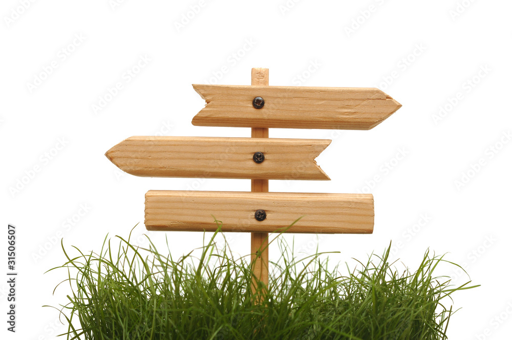 wood sign with grass isolated on a white background wood sign with grass isolated on a white background