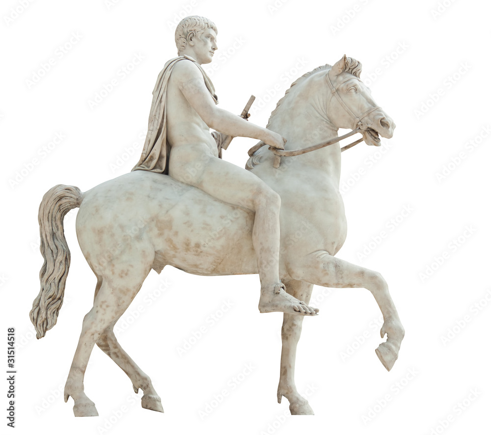 Fototapeta premium Ancient roman statue of a naked horse rider isolated on white