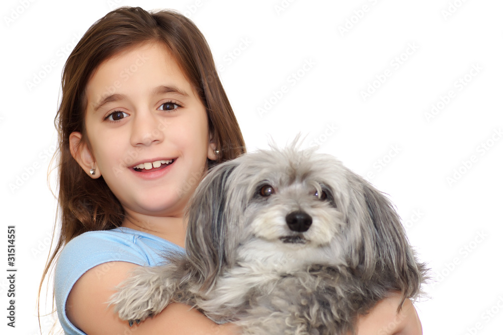 Lovely hispanic girl hugging her dog isolated on white Lovely hispanic girl hugging her dog isolated on white