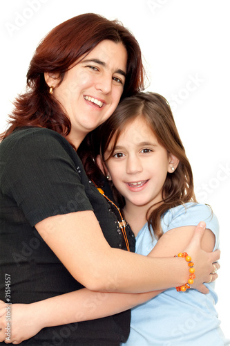 Latin girl hugging her mother isolated on a white background