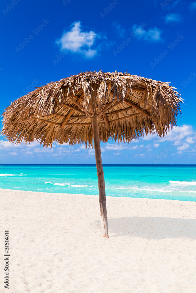 Thatched umbrella on a sandy tropical beach