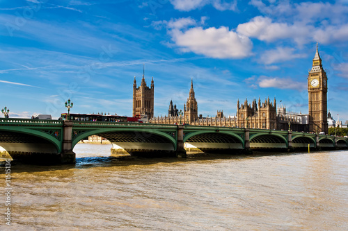 The Big Ben, the Parliament and Westminster Bridge in London