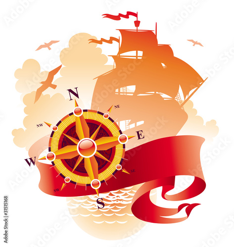 Adventures design - compass rose, banner & sailing ship