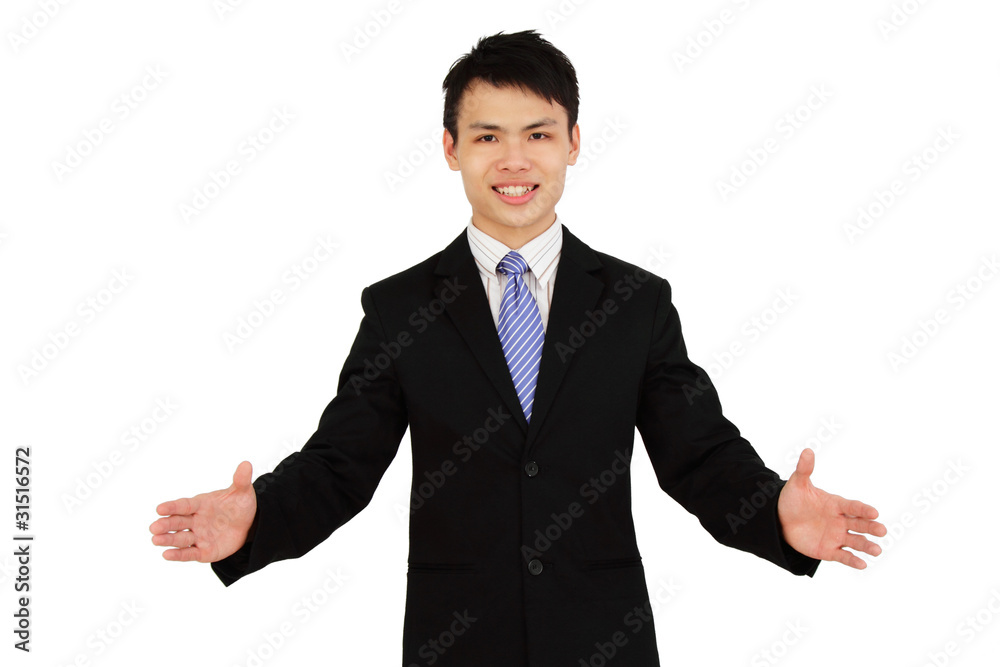 An executive with open arms smiling An executive with open arms smiling