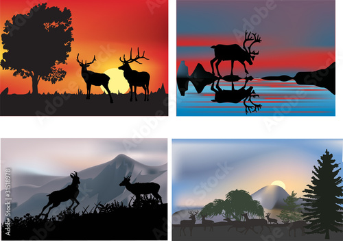four illustrations with deers at sunset