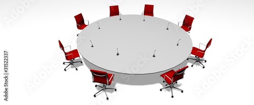 Mesa redonda con sillas rojas photo