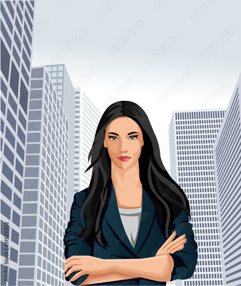 business woman with office buildings on  the background