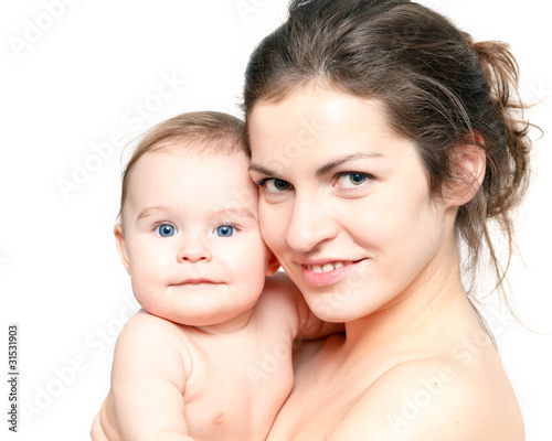 Mother with baby on white