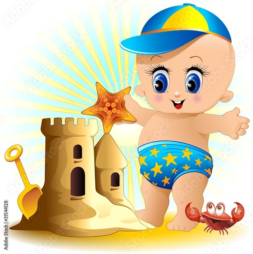 Bambino e Castello di Sabbia-Baby Boy with Sandcastle-Vector
